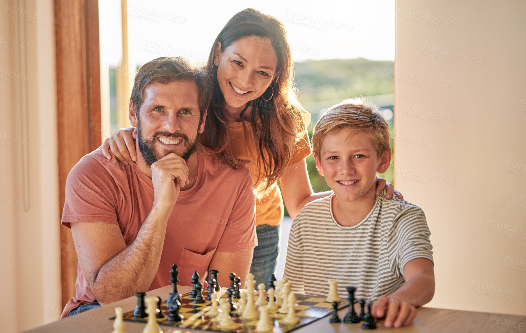 Buy stock photo Family, chess and home youth brain development of a mother, father and child with a game. Happy kid and parents portrait with love and care ready for problem solving and knowledge board game