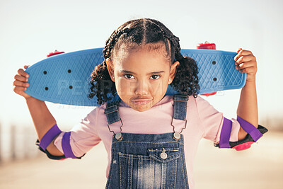 Buy stock photo Summer, skateboard and portrait of girl at beach promenade for sports, attitude and training. Wellness, skater and comic with cool face of child and toys for youth, vacation and seashore lifestyle