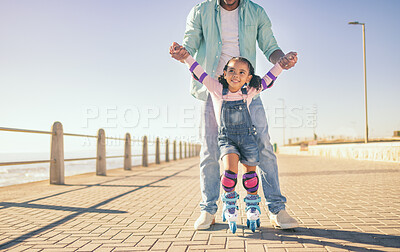 Buy stock photo Girl, dad and park for skating, learning and hands to hold for balance, care and safety on concrete. Father, child and roller skates with teaching in urban, ocean promenade or walk in summer sunshine