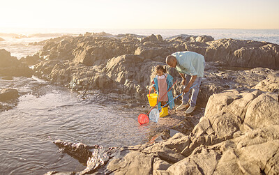 Buy stock photo Family, children and beach with a father and daughter bonding by a rock pool during summer together. Kids, fishing or love with a man and girl playing in the water with a net and bucket for fun