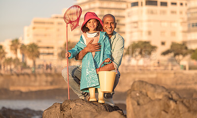 Buy stock photo Father, daughter and fishing portrait with a man and child on a ocean holiday for bonding with love. Fish, net and bucket with a dad and girl kid relaxing together to catch fish on a seaside vacation
