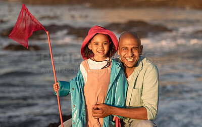 Buy stock photo Father, child and family fishing trip while on vacation at a lake or sea together for bonding, happiness and quality time for love, care and development. Portrait of a man and daughter holding a net