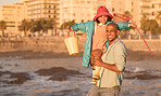 Father, child and fishing in ocean while on vacation with a beach bucket and net for family activity while learning about fish. Portrait of a man and daughter or girl together on holiday by sea