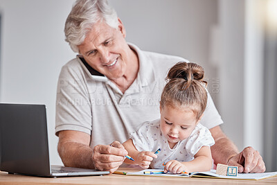 Buy stock photo Drawing, color and child with grandfather in home doing fun art activity, working and sitting at table together. Family, love and young girl with crayons, coloring and bond with grandpa on phone call