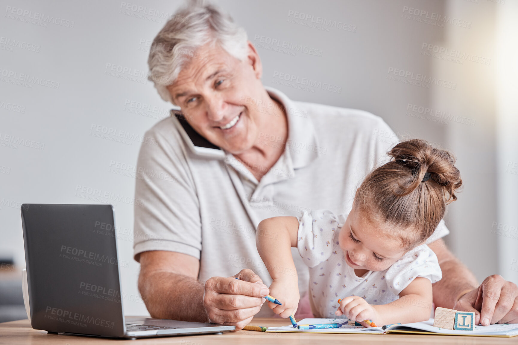 Buy stock photo Laptop, phone call or senior man and child in remote working network, communication or marketing consulting. Smile, happy or grandfather bonding with girl, grandkid or working from home on technology