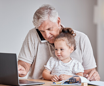 Buy stock photo Senior man, child and phone call while working on laptop for remote work with grandfather babysitting girl in home office. Male with kid as family in house for bonding while doing freelance work