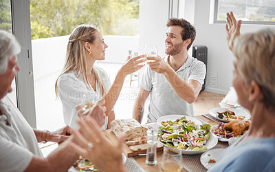 Buy stock photo Family brunch, happy celebration toast and group of people excited, cheer and celebrate couple marriage announcement. Love, wine food and good news for man, woman and parents bonding at lunch buffet