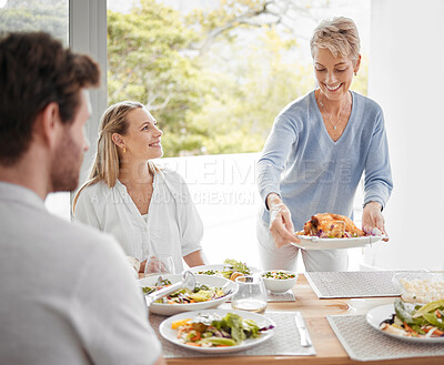 Buy stock photo family, relax and dinner together in family home for happiness, big family conversation or healthy food at table. Happy lifestyle, women and man smile, eating lunch and luxury celebration in home