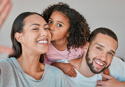 Buy stock photo Family, portrait and selfie with child, mother and father together at home for kiss, love and care with smile and happiness. Child, man and woman in Puerto Rico house for social media profile picture