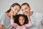 Portrait ,girl and parents with happy, love and smile in morning, relax lifestyle and happiness. Mom, happy dad and smiling kid child face together in pyjama for bonding, care and joy in family home