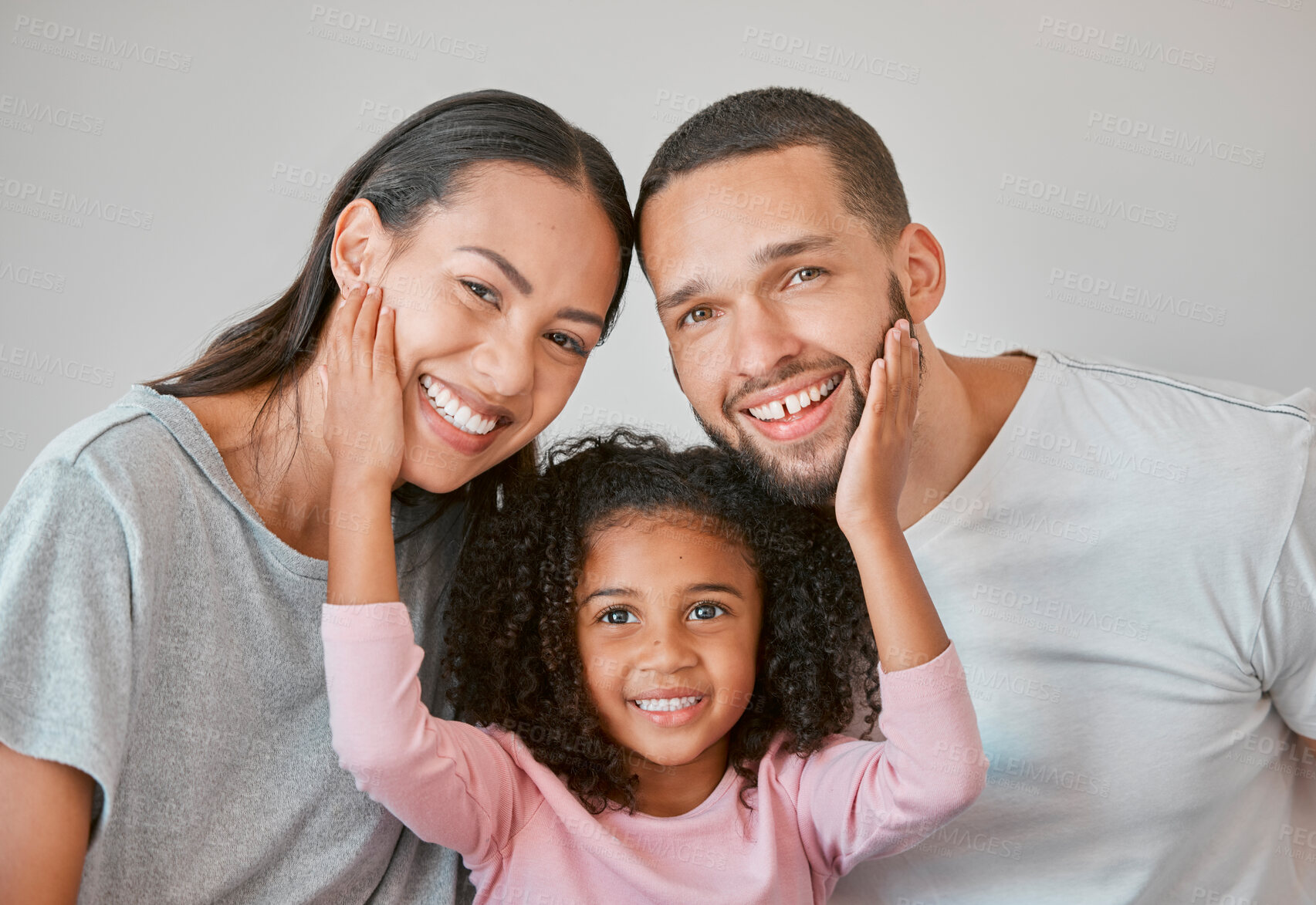 Buy stock photo Portrait, girl and parents with happy, love and smile in morning, relax lifestyle and happiness. Mom, happy dad and smiling kid child, face together in pyjama for bonding, care and joy in family home