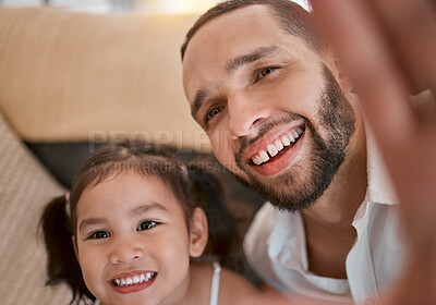 Buy stock photo Happy, care and selfie of father with child to bond, relax and smile together in Mexico family home. Family, trust and happiness of dad with young daughter photograph for memory of togetherness.

