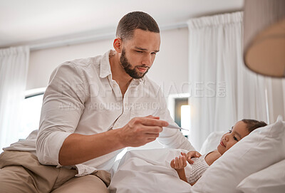 Buy stock photo Child, bed and father check thermometer with sad, worried and concerned expression for sick girl. Family, child care and dad in bedroom with kid with fever, flu and cold, testing for high temperature