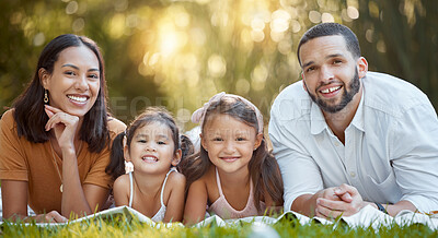 Buy stock photo Garden, happy family and couple with children on blanket in park for summer picnic and family time together. Nature, love and relax on grass, portrait of man, woman and girl kids with smile in sun.