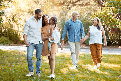Buy stock photo Big Family, girl and walking in nature park for bonding, fun and care in summer outdoor. Mother, father and grandparents walk with child, happy and smile in a garden or forest with love and happiness