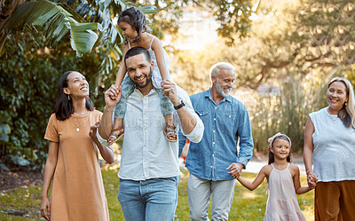 Buy stock photo Big family, garden and bonding with children, grandparents and siblings during summer on holiday. Grandfather, grandmother and parents walking through forest for loving, caring fun with kids