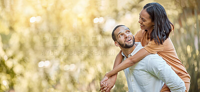 Buy stock photo Happy, piggy back and couple on date in nature with love, care and happiness in green garden. Relationship, bond and man and woman with smile for quality time with romance together with mockup space.