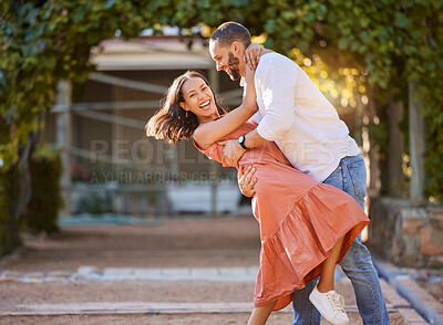 Buy stock photo Happy couple, dance and love in park, garden and sunshine for bonding, quality time and romantic date together. Smile, dancing and fun man, woman and partner, freedom and happiness outdoors in summer