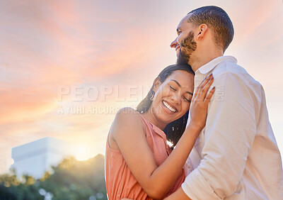 Buy stock photo Happy couple hug in sunset, woman with smile and love in Sao Paulo sunshine on romantic vacation together. Happiness in marriage, evening date in garden holiday with girlfriend hugging man and mockup
