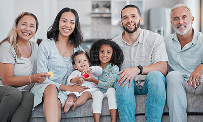 Buy stock photo Portrait of big family, sofa and living room in family home, house and lounge for bonding, love and care together. Happy family, support and quality time on couch with grandparents, parents and kids