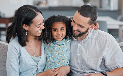 Buy stock photo Family, child and bonding in home with love, care and affection in the family home to relax. Little girl, kid and mother, father and children relaxing and resting on the living room sofa 