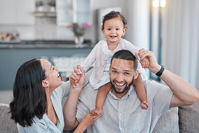 Buy stock photo Love, portrait or happy black family on sofa in house for quality time, support or fun. Mother, father or child on couch with smile, happiness or bonding in Brazil family home relax in living room