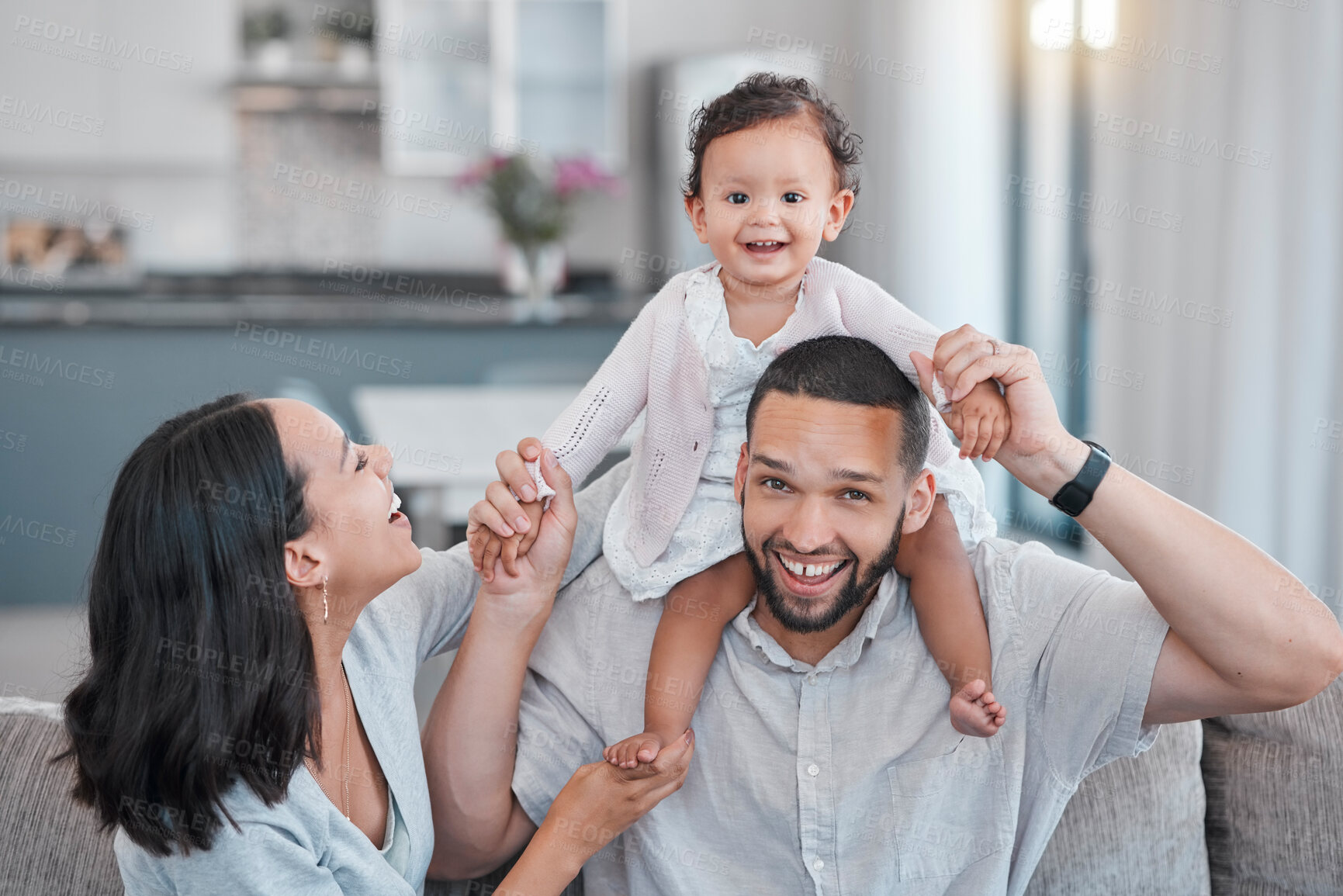 Buy stock photo Love, portrait or happy black family on sofa in house for quality time, support or fun. Mother, father or child on couch with smile, happiness or bonding in Brazil family home relax in living room