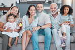 Big family portrait, love and living room in family home, house and sofa lounge, relax and bonding together. Grandparents, parents and smile kids of happy family, diversity and quality time on couch 