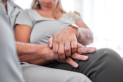 Buy stock photo Senior couple, hold hands and zoom with love, support or trust in marriage with rings, partner or comfort in home. Married man and woman hand, faith and hope in healthy relationship and relax in home