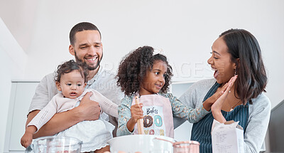 Buy stock photo Family, cooking and learning with high five for success from supportive mother in home kitchen. Teamwork, achievement and happy parents proud of baker skills of child mixing cake ingredients.