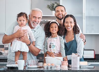 Buy stock photo Big family, portrait and children learning baking from parents and grandfather in the kitchen of their house. Food, happy and kids, senior man and mother and father cooking with smile together