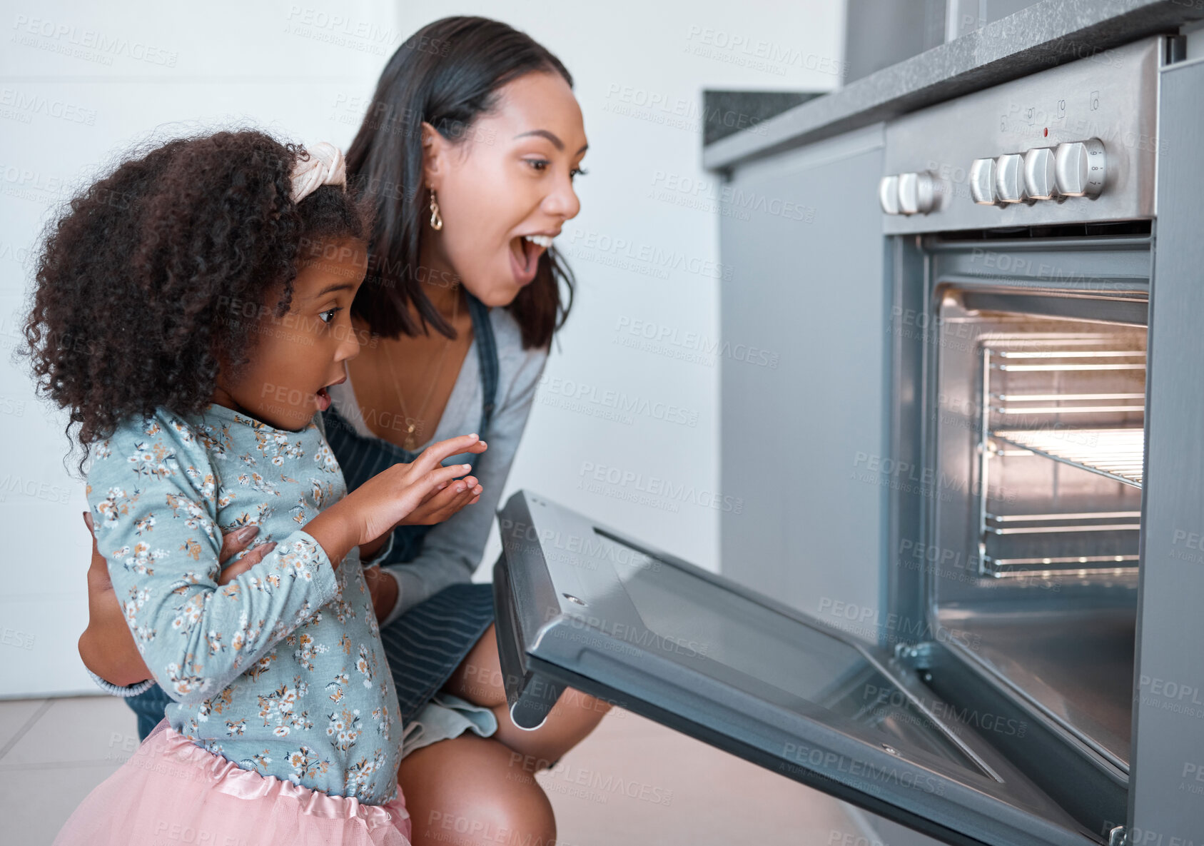Buy stock photo Kitchen, mom and girl excited with baking in oven, checking results, working together and learning to bake family recipe. Child development, happy home cooking and bonding time for woman and child 