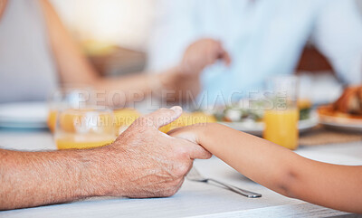 Buy stock photo Family, hands and gratitude prayer for food at table together for faith, religion and appreciation. Christian, child and senior man holding hands to give thanks and pray to God for lunch.