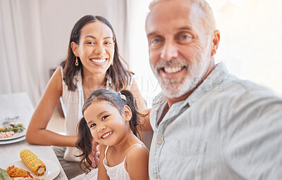 Buy stock photo Selfie, family and generations with love and smile in portrait with grandfather, mother and child in picture. Meal time with food, care and bonding with happy family, diversity and relatives together