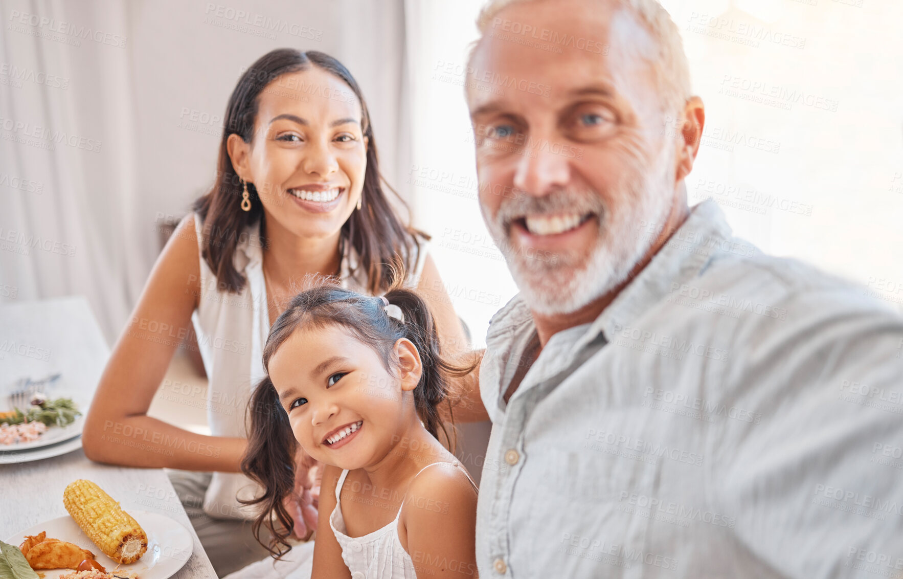 Buy stock photo Selfie, family and generations with love and smile in portrait with grandfather, mother and child in picture. Meal time with food, care and bonding with happy family, diversity and relatives together