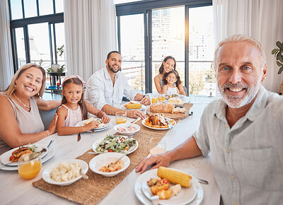 Buy stock photo Big family, lunch selfie and food on table of dining room of modern apartment home for healthy meal, bonding love and celebrate event. Happy mother, father and children with grandparents eat together