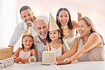 Birthday, party and family with a girl, parents and grandparents in celebration together in their home. Cake, hat and gift with children celebrating a milestone during a happy event in a house