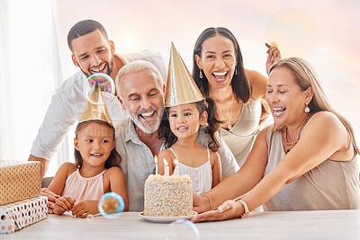 Buy stock photo Birthday, party and family with a girl, parents and grandparents in celebration together in their home. Cake, hat and gift with children celebrating a milestone during a happy event in a house