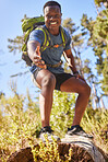 Black man, hiking and help hand, smile and happy outdoor in nature, forest or nature park in summer. Climbing up hill, trekking together in nature and healthy workout adventure, pov and fitness hiker