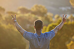 Hands, peace and back with a sports black man outdoor in nature for exercise, fitness or training. Workout, motivation and view with a male athlete cheering reaching a goal or target for health