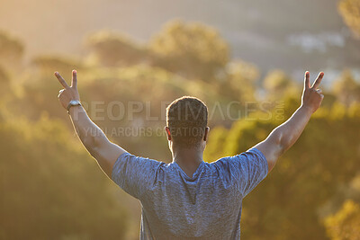 Buy stock photo Hands, peace and back with a sports black man outdoor in nature for exercise, fitness or training. Workout, motivation and view with a male athlete cheering reaching a goal or target for health