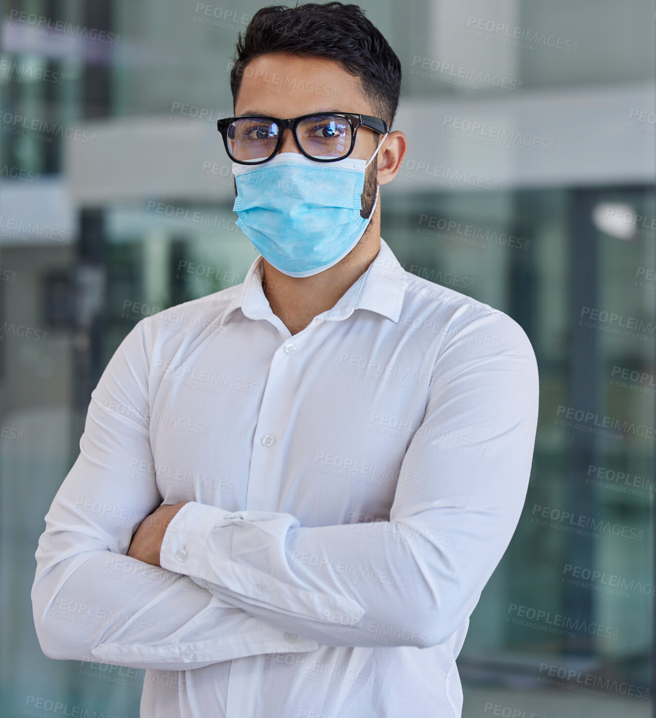 Buy stock photo Businessman, mask and glasses with arms crossed in covid vision for health, safety and protection at office. Portrait of confident employee man in healthcare management during pandemic at workplace