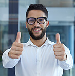 Portrait, thumbs up and thank you with a business man standing in his office as a winner saying yes. Portrait, trust and success with a male employee in agreement of a deal, goal or success