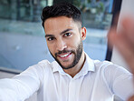 Businessman, portrait smile and selfie at the office for social media, profile or status update. Happy man employee face smiling in happiness for photo, career or new job startup at the workplace