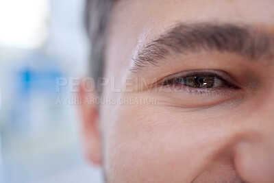 Buy stock photo Happy, half and eye portrait of man with wellness, health and good vision in brown iris zoom. Happiness, healthy and positive face of person satisfied with eyesight exam at optometrist.