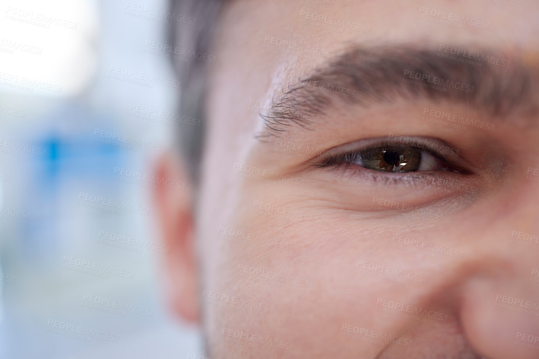 Buy stock photo Happy, half and eye portrait of man with wellness, health and good vision in brown iris zoom. Happiness, healthy and positive face of person satisfied with eyesight exam at optometrist.