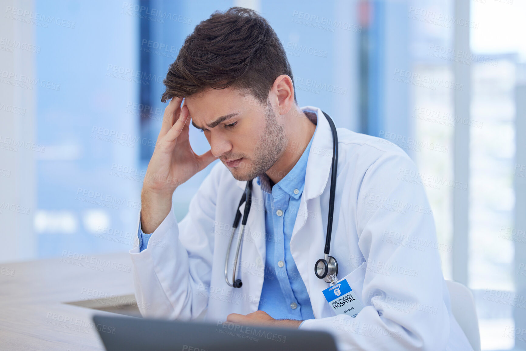 Buy stock photo Man, doctor or stress headache in hospital data analysis, test results analytics or surgery planning. Thinking healthcare worker, anxiety or mental health burnout on medical clinic laptop technology