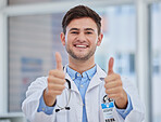 Man, doctor or thumbs up in hospital for support, trust and life insurance vote for healthcare wellness, medical help or surgery success. Portrait, smile or happy medicine worker with approval hands