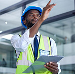 Architecture, checklist and inspection with construction worker planning for engineering, designer and building. Industrial, leadership and safety with black man for property, maintenance and vision