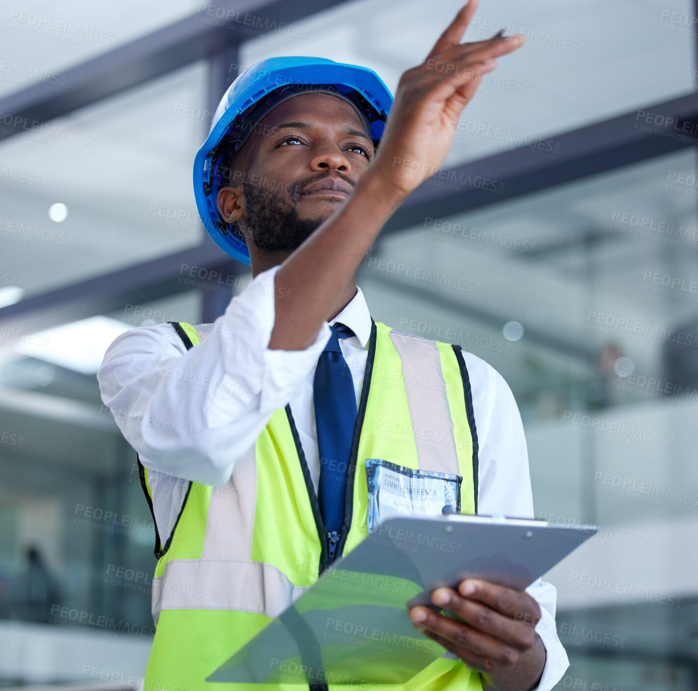 Buy stock photo Architecture, checklist and inspection with construction worker planning for engineering, designer and building. Industrial, leadership and safety with black man for property, maintenance and vision